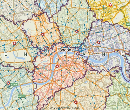Maptitude GIS map of territories based on drive-time to nearest hospital